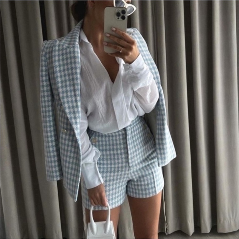 Zara Double Breasted Houndstooth Blazer in Powder Blue & White